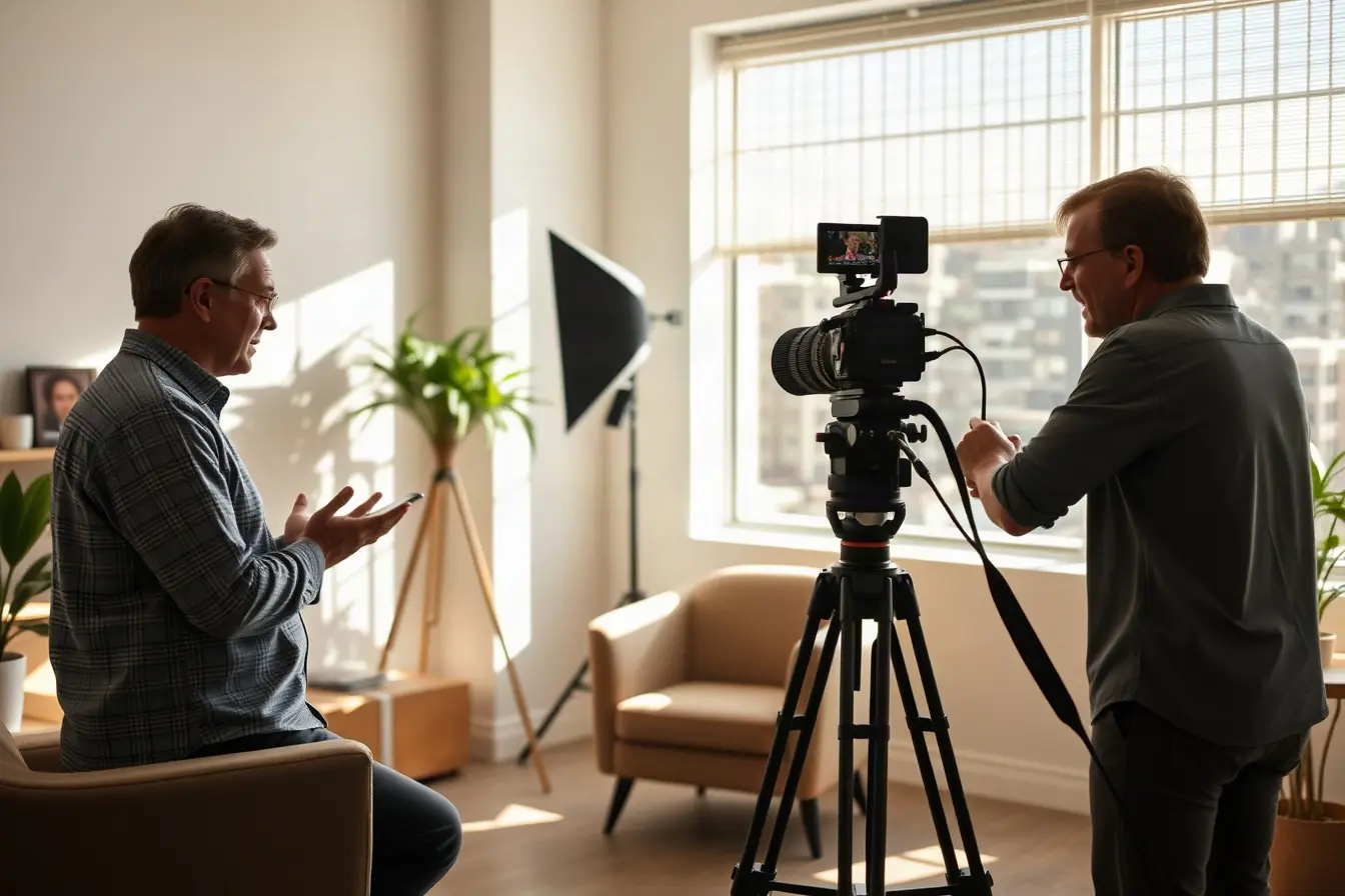 Small video crew filming a client interview in a sunlit Oakland office