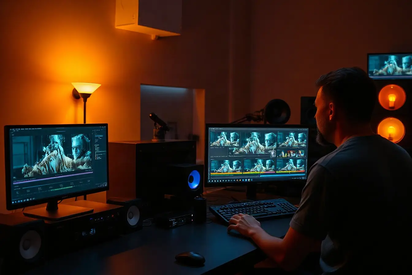 Editing suite at dusk with screens and production tools