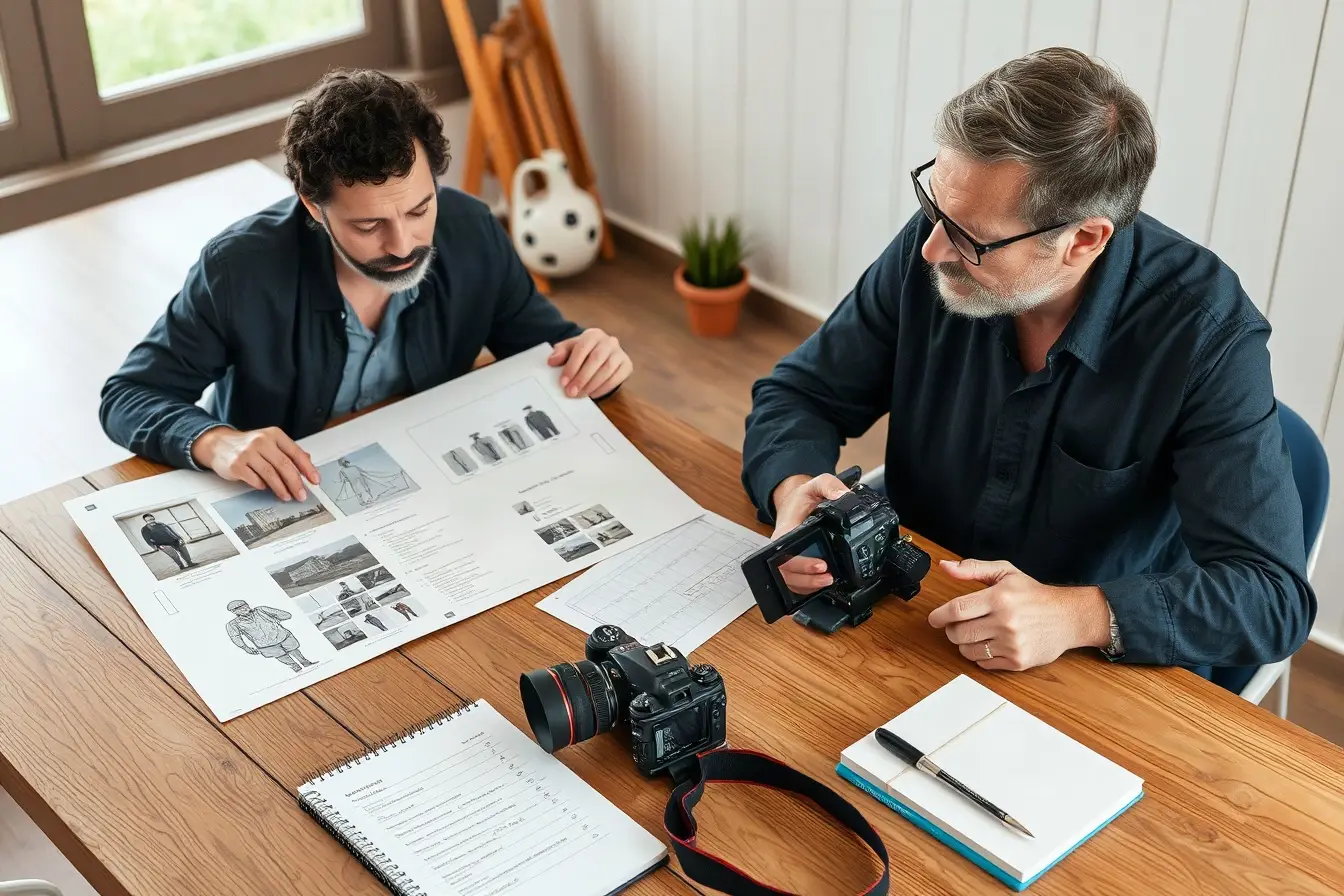 Creative producers reviewing a storyboard and shot list at a wooden table